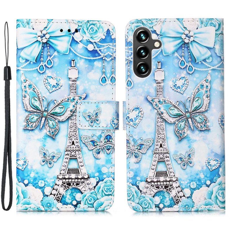 Nahkakotelo Samsung Galaxy A54 5G Eiffel-tornin Perhoset