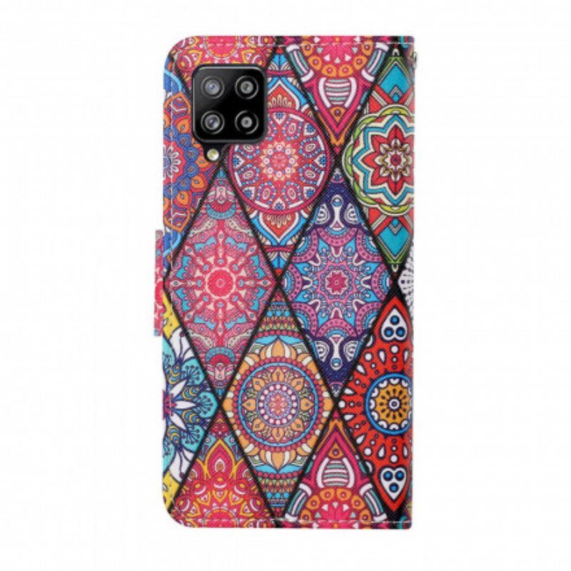 Nahkakotelo Samsung Galaxy M12 / A12 Patchwork Kaulanauhalla