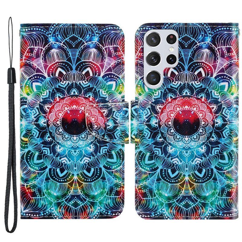 Nahkakotelo Samsung Galaxy S22 Ultra 5G Suojaketju Kuori Näyttävä Strappy Mandala