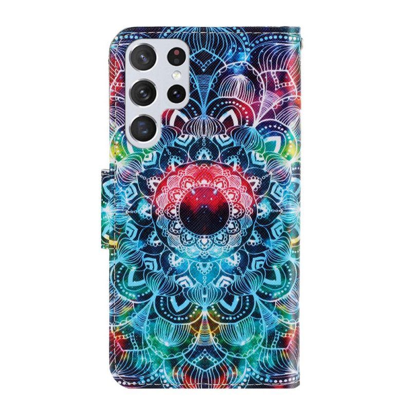 Nahkakotelo Samsung Galaxy S22 Ultra 5G Suojaketju Kuori Näyttävä Strappy Mandala