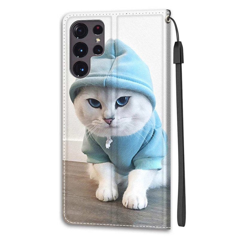 Nahkakotelo Samsung Galaxy S22 Ultra 5G Suojaketju Kuori Thong Cat Fan