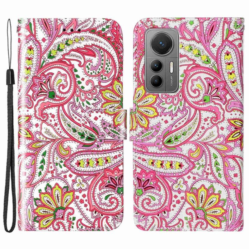 Nahkakotelo Xiaomi 12 Lite Suojaketju Kuori Strappy Paisley -kuvio